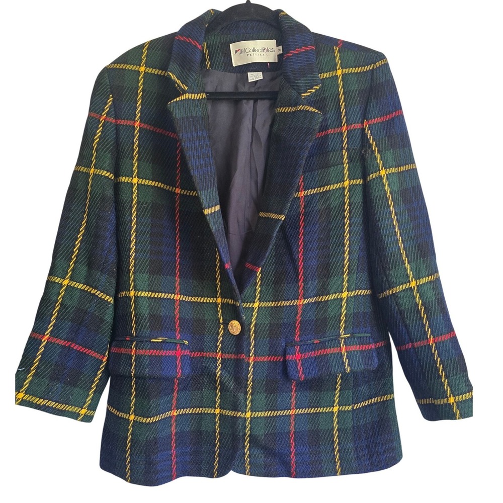 JH Collectibles Petites Vintage 100% Wool Plaid Blazer Green Blue Yellow Red 8P